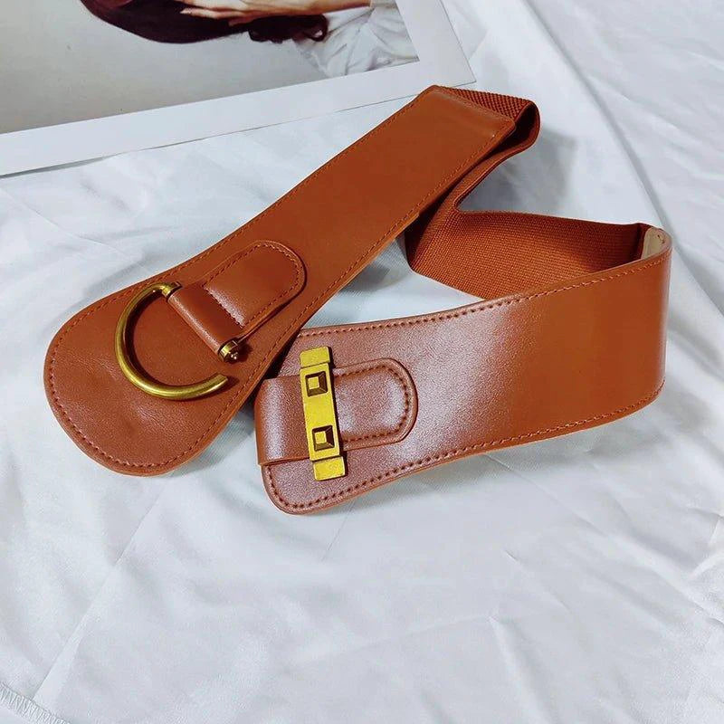 MANDOTOS Designer Women Waist Cummerbund Belt Burgundy Leather With Gold Buckle Wide Stretch - MANDOTOS