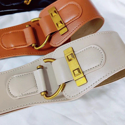 MANDOTOS Designer Women Waist Cummerbund Belt Burgundy Leather With Gold Buckle Wide Stretch - MANDOTOS