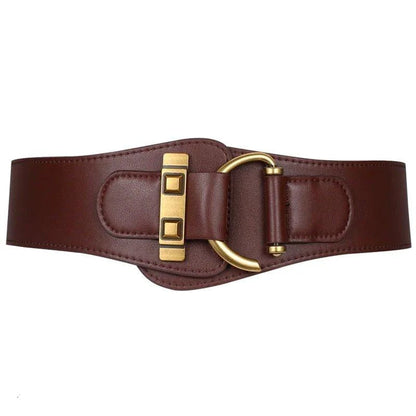 MANDOTOS Designer Women Waist Cummerbund Belt Burgundy Leather With Gold Buckle Wide Stretch - MANDOTOS