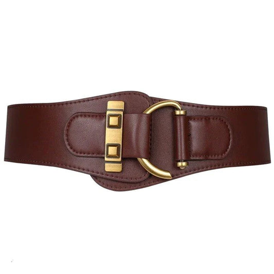 Mandotos women's burgundy leather waist cummerbund belt with wide stretch and gold buckle for stylish fashion accessory.