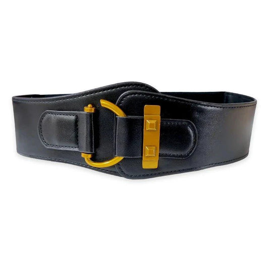 Mandotos burgundy leather women's waist cummerbund belt with gold buckle, wide stretch design for stylish fits.