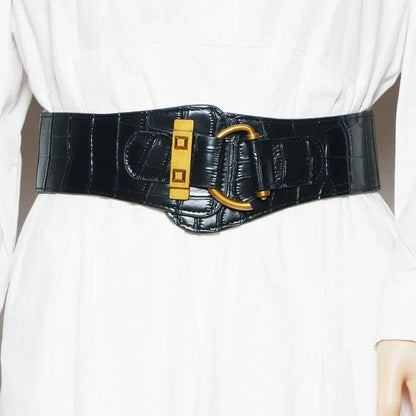 MANDOTOS Designer Women Waist Cummerbund Belt Burgundy Leather With Gold Buckle Wide Stretch - MANDOTOS