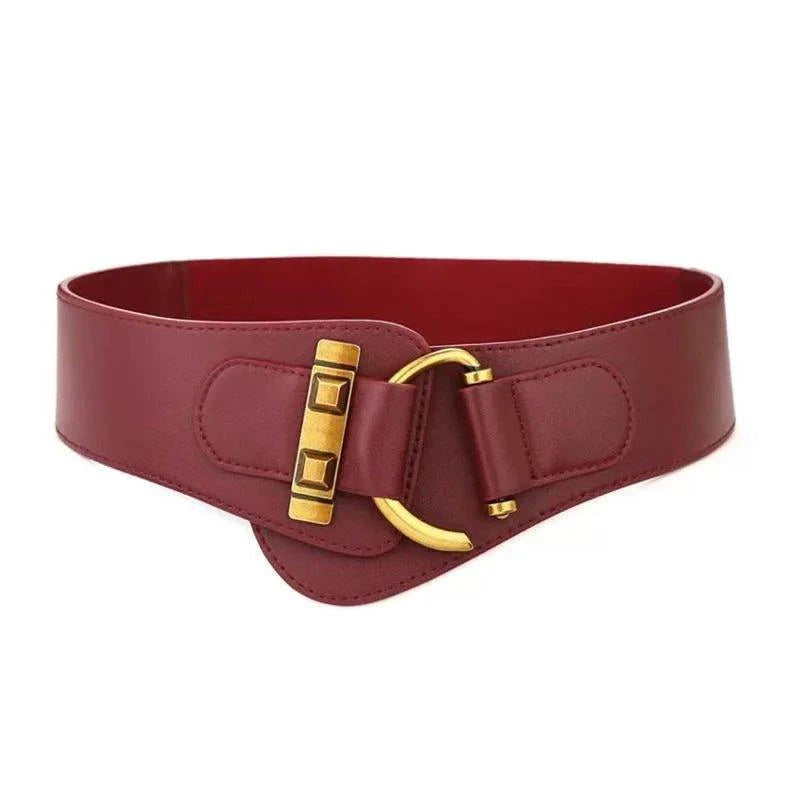 MANDOTOS Designer Women Waist Cummerbund Belt Burgundy Leather With Gold Buckle Wide Stretch - MANDOTOS