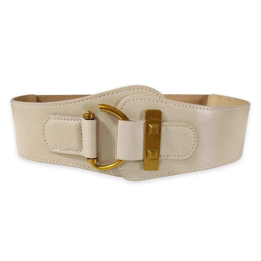 Mandotos women's burgundy leather waist cummerbund belt with wide stretch and gold buckle for a stylish, elegant look.