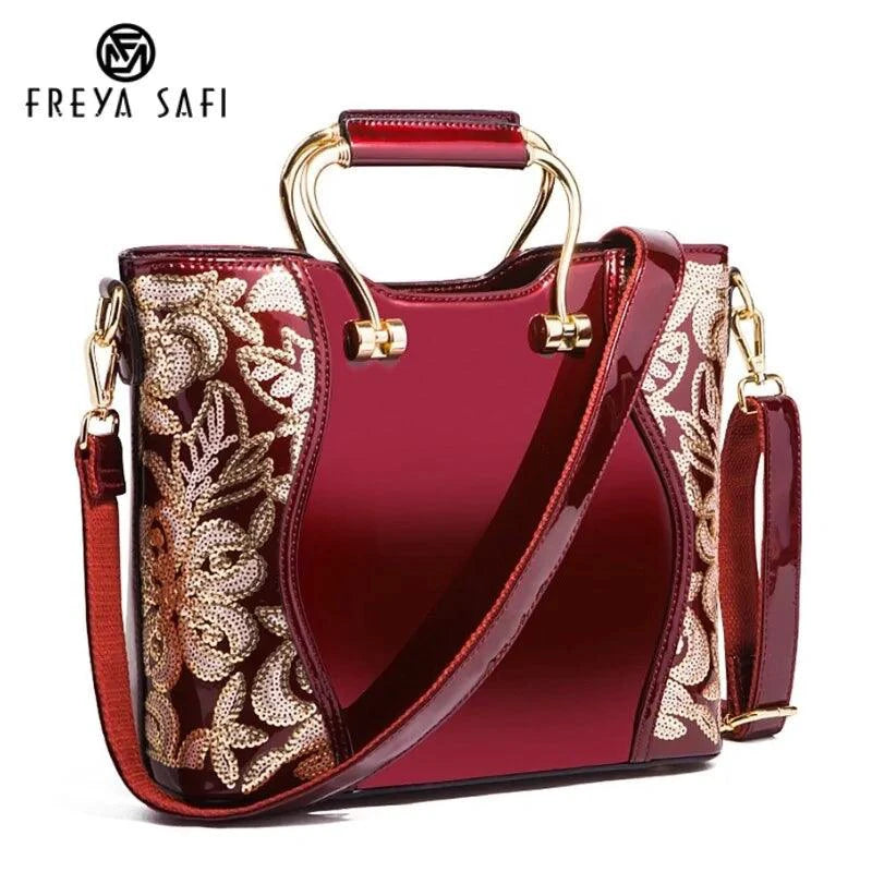 Mandotos Elegant Floral Leather Tote Burgundy Embroidered With Crossbody Strap Detail - MANDOTOS