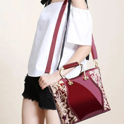 Mandotos Elegant Floral Leather Tote Burgundy Embroidered With Crossbody Strap Detail - MANDOTOS
