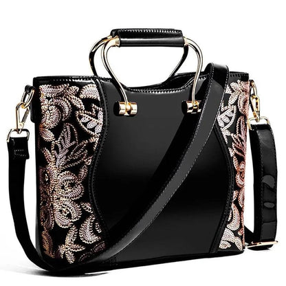 Mandotos Elegant Floral Leather Tote Burgundy Embroidered With Crossbody Strap Detail - MANDOTOS