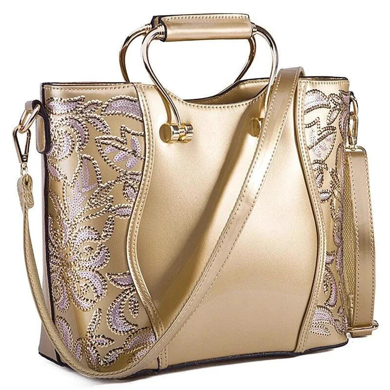Mandotos Elegant Floral Leather Tote Burgundy Embroidered With Crossbody Strap Detail - MANDOTOS