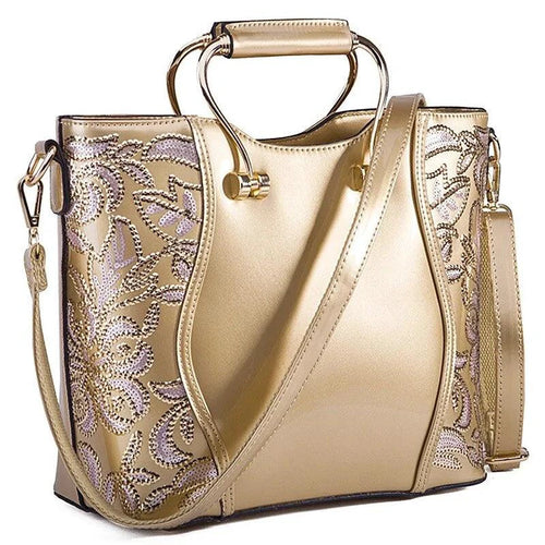 Mandotos Elegant Floral Leather Tote Burgundy Embroidered With Crossbody Strap Detail - MANDOTOS