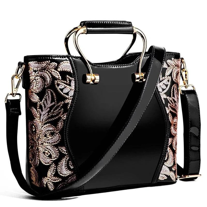 Mandotos Elegant Floral Leather Tote Burgundy Embroidered With Crossbody Strap Detail - MANDOTOS