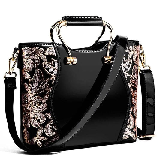 Mandotos Elegant Floral Leather Tote Burgundy Embroidered With Crossbody Strap Detail - MANDOTOS