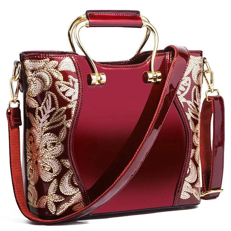 Mandotos Elegant Floral Leather Tote Burgundy Embroidered With Crossbody Strap Detail - MANDOTOS