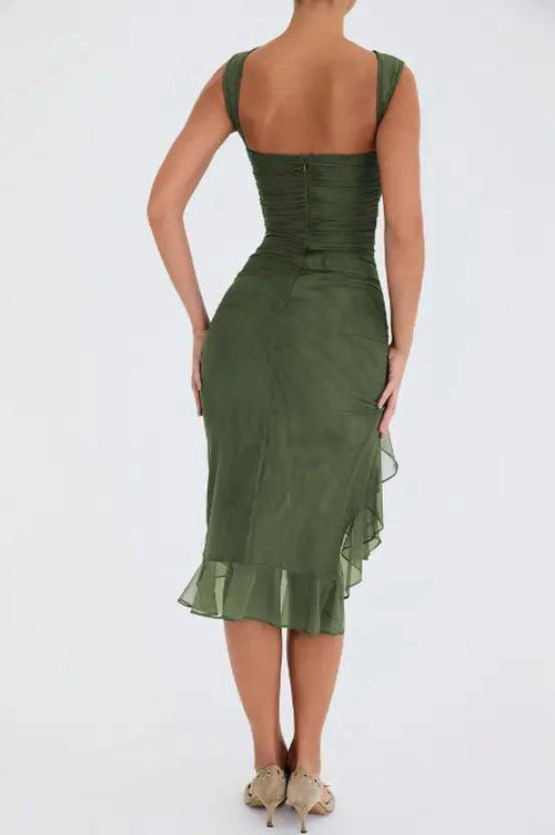 Mandotos Olive Green Ruffled Midi Dress With Ruched Bodice And Tiered Hem For Summer - MANDOTOS