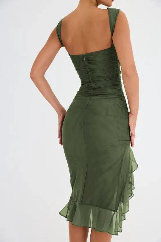 Mandotos Olive Green Ruffled Midi Dress With Ruched Bodice And Tiered Hem For Summer - MANDOTOS