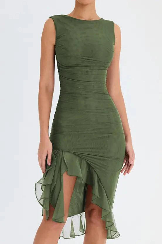 Mandotos Olive Green Ruffled Midi Dress With Ruched Bodice And Tiered Hem For Summer - MANDOTOS