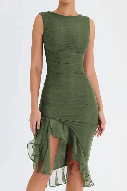 Mandotos Olive Green Ruffled Midi Dress With Ruched Bodice And Tiered Hem For Summer - MANDOTOS