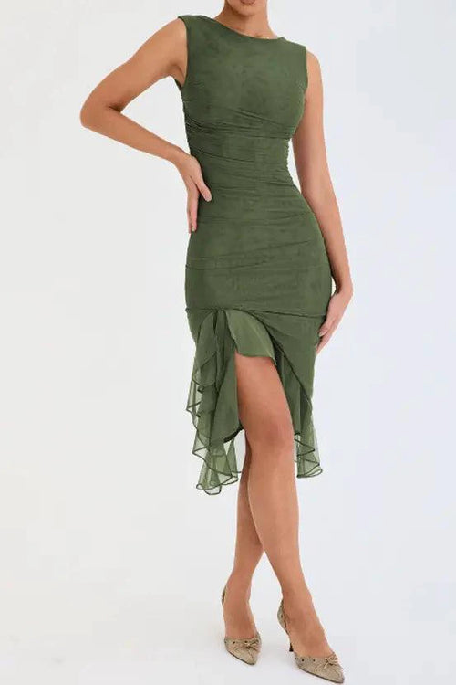 Mandotos Olive Green Ruffled Midi Dress With Ruched Bodice And Tiered Hem For Summer - MANDOTOS