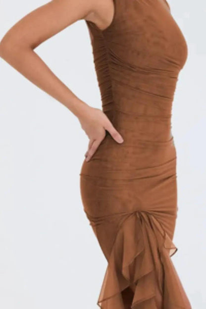 Mandotos Olive Green Ruffled Midi Dress With Ruched Bodice And Tiered Hem For Summer - MANDOTOS