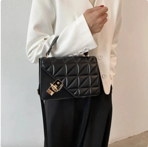 MANDOTOS Rhombus Pattern PU Leather Shoulder Bag 22 14 7 Cm Black Compact Messenger With Zipper Closure - MANDOTOS