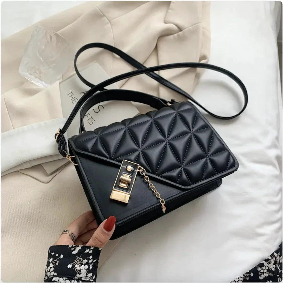 MANDOTOS Rhombus Pattern PU Leather Shoulder Bag 22 14 7 Cm Black Compact Messenger With Zipper Closure - MANDOTOS