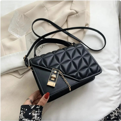 MANDOTOS Rhombus Pattern PU Leather Shoulder Bag 22 14 7 Cm Black Compact Messenger With Zipper Closure - MANDOTOS