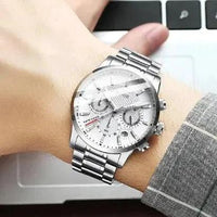 Mandotos men's sport quartz watch with black dial and silver band, stylish men's fashion watch for active wear.