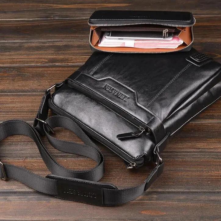 Men's messenger bag by MANDOTOS featuring a durable black leather strap and spacious main compartment.
