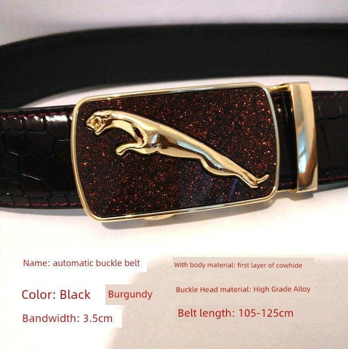 Men's leather belt with automatic buckle featuring a leopard sports car design, by MANDOTOS.