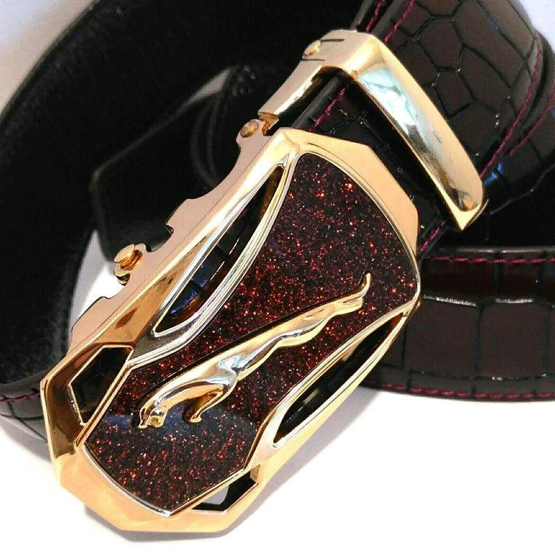 Men's Automatic Buckle Leather Belt - Leopard Sports Car Design - MANDOTOS