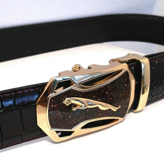 Men's leather belt with automatic buckle featuring a leopard and sports car design by MANDOTOS