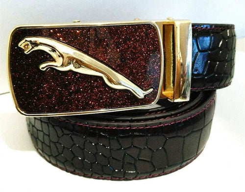 Men's leather belt with automatic buckle featuring a leopard sports car design by MANDOTOS.
