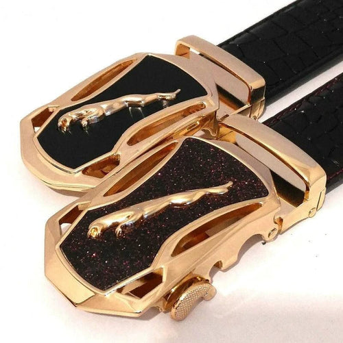Men's leather belt with automatic buckle featuring a leopard and sports car design by MANDOTOS.