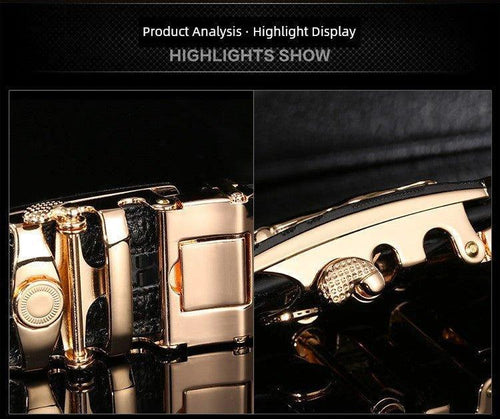 Men's leather belt with automatic buckle featuring a stylish leopard and sports car design by MANDOTOS.