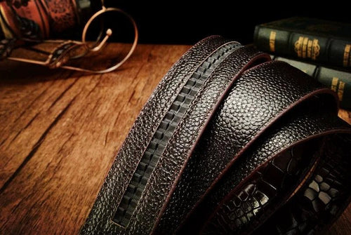 Men's leather belt with automatic buckle featuring a leopard sports car design, by MANDOTOS.