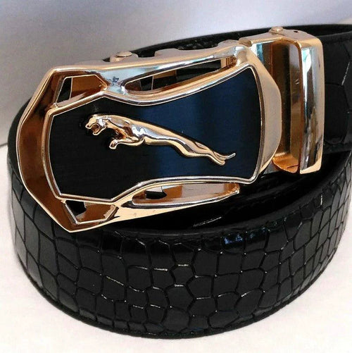 Men's leather belt with automatic buckle featuring a leopard sports car design by MANDOTOS.