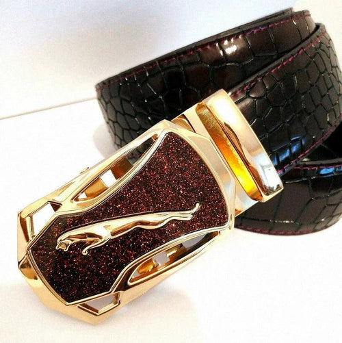 Men's automatic buckle leather belt with a leopard sports car design by MANDOTOS, featuring a sleek and stylish automotive-inspired pattern.