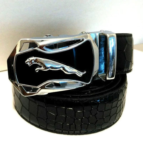 Men's leather belt with automatic buckle featuring a leopard sports car design, by MANDOTOS.