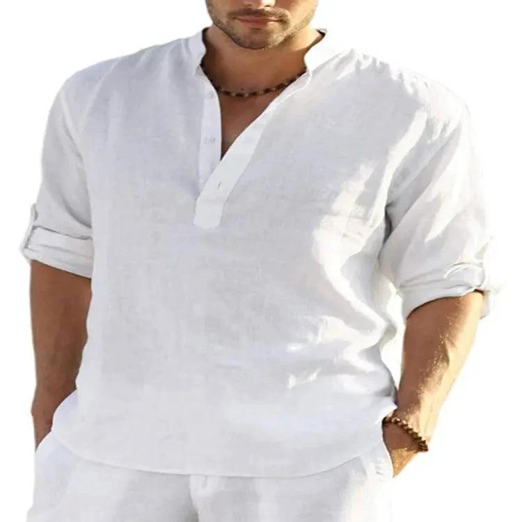 Men's Casual Cotton Linen Solid Color Long Sleeve Shirt Loose Stand Collar - MANDOTOS