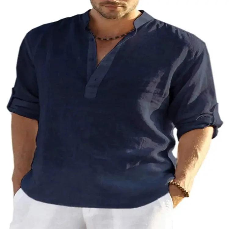 Men's Casual Cotton Linen Solid Color Long Sleeve Shirt Loose Stand Collar - MANDOTOS