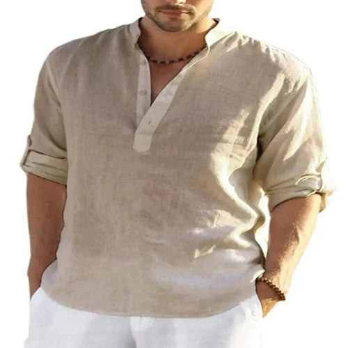 Men's Casual Cotton Linen Solid Color Long Sleeve Shirt Loose Stand Collar - MANDOTOS