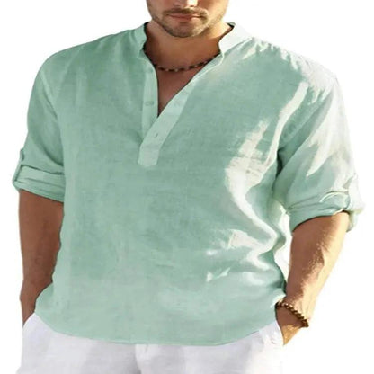 Men's Casual Cotton Linen Solid Color Long Sleeve Shirt Loose Stand Collar - MANDOTOS