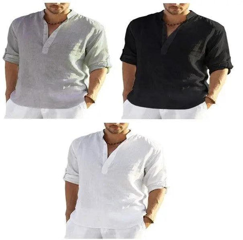 Men's Casual Cotton Linen Solid Color Long Sleeve Shirt Loose Stand Collar - MANDOTOS