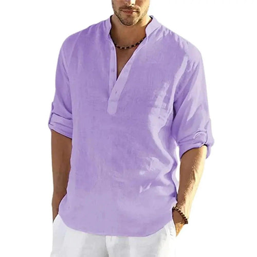 Men's Casual Cotton Linen Solid Color Long Sleeve Shirt Loose Stand Collar - MANDOTOS