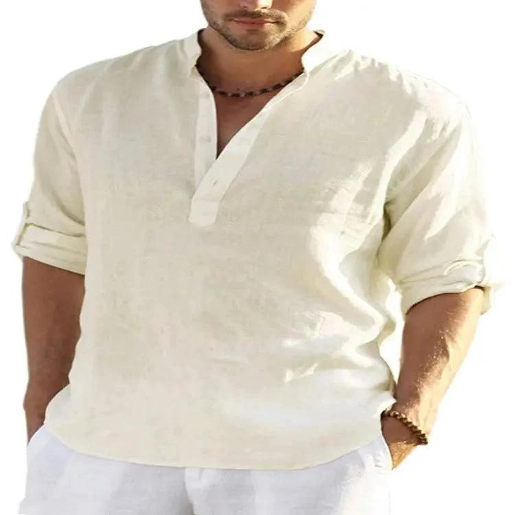 Men's Casual Cotton Linen Solid Color Long Sleeve Shirt Loose Stand Collar - MANDOTOS