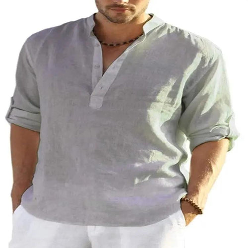 Men's Casual Cotton Linen Solid Color Long Sleeve Shirt Loose Stand Collar - MANDOTOS