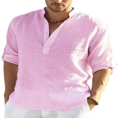 Men's Casual Cotton Linen Solid Color Long Sleeve Shirt Loose Stand Collar - MANDOTOS