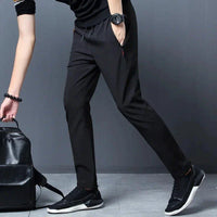Men's casual jogger pants by MANDOTOS, straight slim fit with elastic waist in blue, black, and gray, plus size Korean-style trousers.