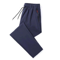 Mandotos men's casual pants with straight slim fit, elastic waist, in blue, black, and gray, plus size Korean-style trousers.