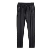 Men's casual straight slim fit jogger pants in blue, black, or gray with elastic waist from MANDOTOS, plus size available.