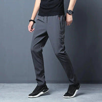 Mandotos men's casual slim fit jogger pants in blue, black, and gray with elastic waist, classic Korean style, plus size trousers.